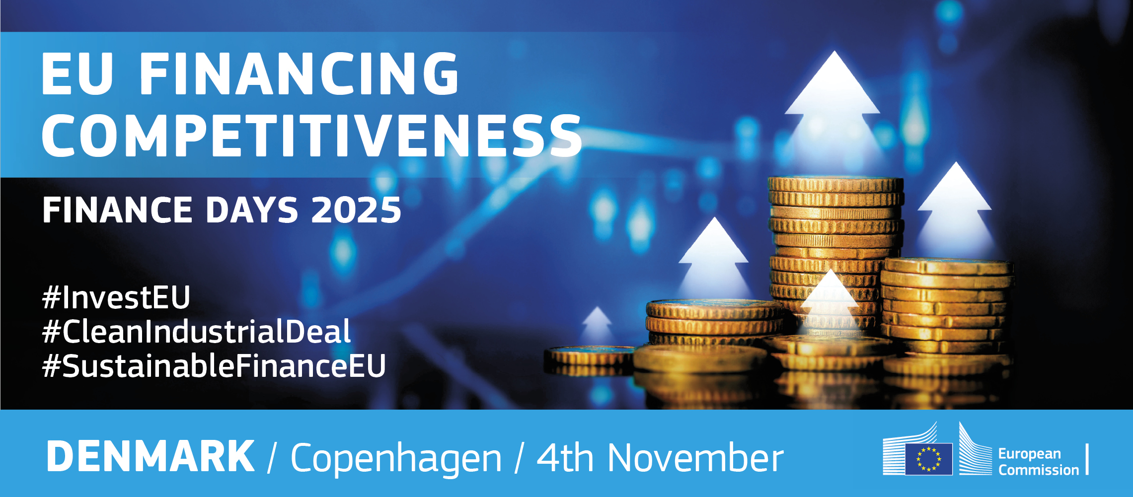 Advertisement for the event, highlighting relevant hashtags: #InvestEU, #CleanIndustrialDeal, #SustainableFinanceEU
